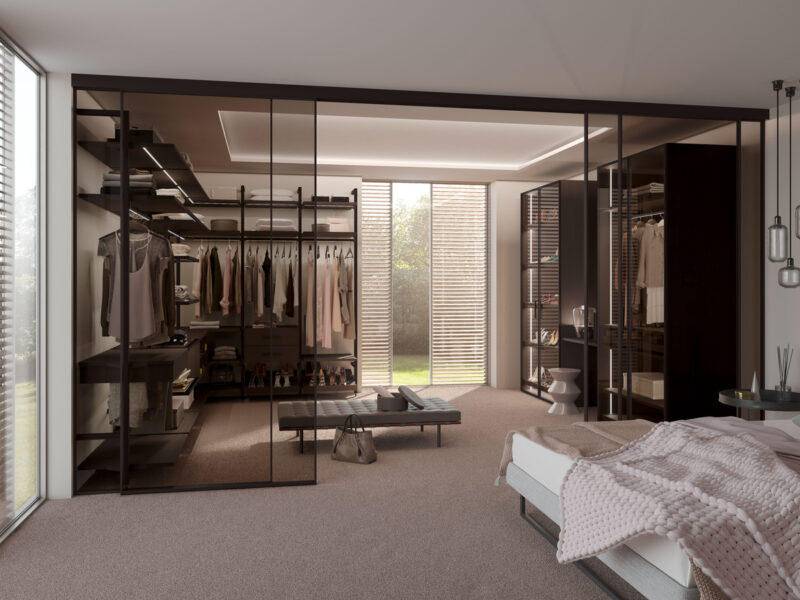 S1200 Air, Legno, Uno, Begehbarer Kleiderschrank, Schlafzimmer, Matrix Pinie Dunkel, Dunkelbronze, ESG Parsol Bronze, Glastrennwand, Floatglas, RPS, Alurahmendrehtür, Schiebetür, Gleittür, Gleitschiebetür, Raumteiler, Raumtrenner, S1200 Air, Legno, Uno, Walk-in closet, bedroom, Matrix Dark Pine, Dark Bronze,tempered Glass, Parsol Bronze, Sliding door, gliding door, room divider